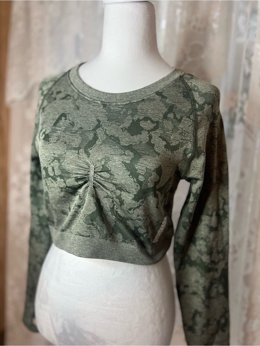 Gymshark Olive Green Camouflage Ruched Crop Top XL